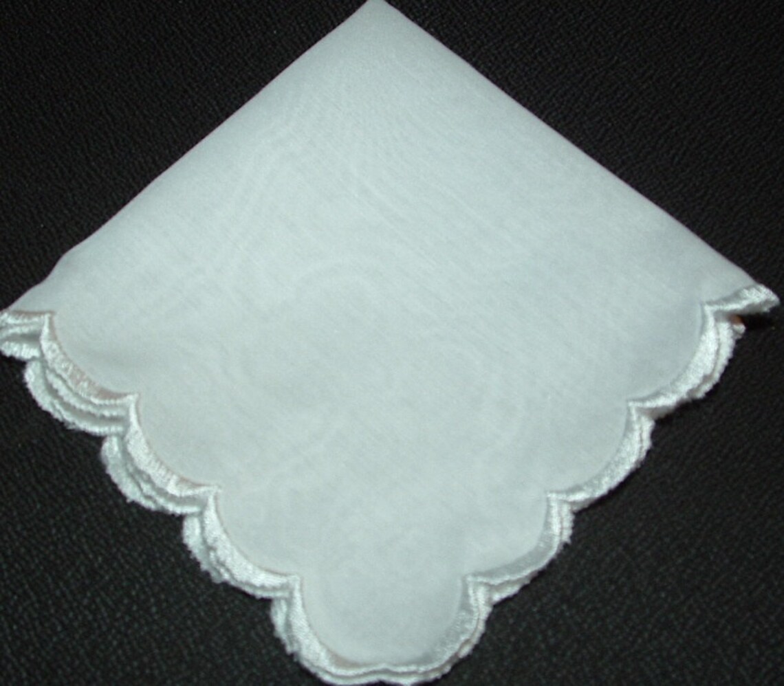 White Embroidered Scalloped Handkerchief Etsy