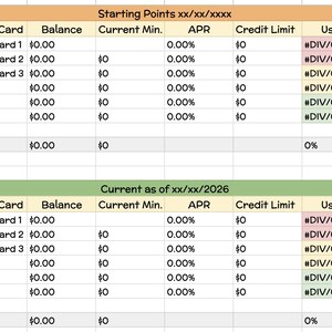 May include: A spreadsheet displaying financial details, such as credit card and loan balances, interest rates, and credit limits. The table includes headings like 'Balance', 'APR', and 'Credit Limit'. The text "Starting Points" and "Current as of" are visible.