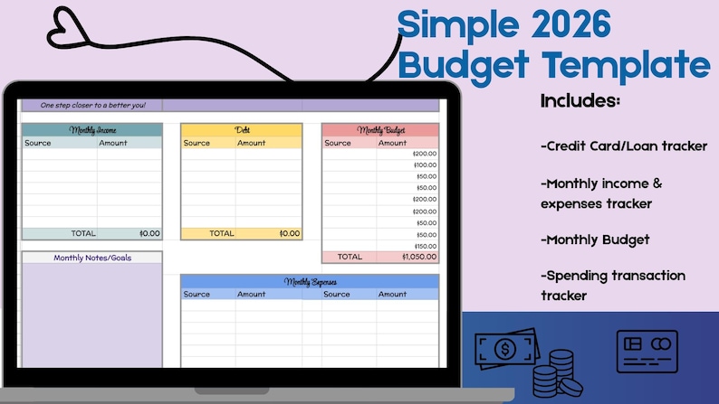 May include: A laptop screen shows a 2026 budget template with sections for income, debt, monthly budget, and expenses. The template includes a credit card/loan tracker, and monthly income and expense trackers. The text "Simple 2026 Budget Template" is visible.