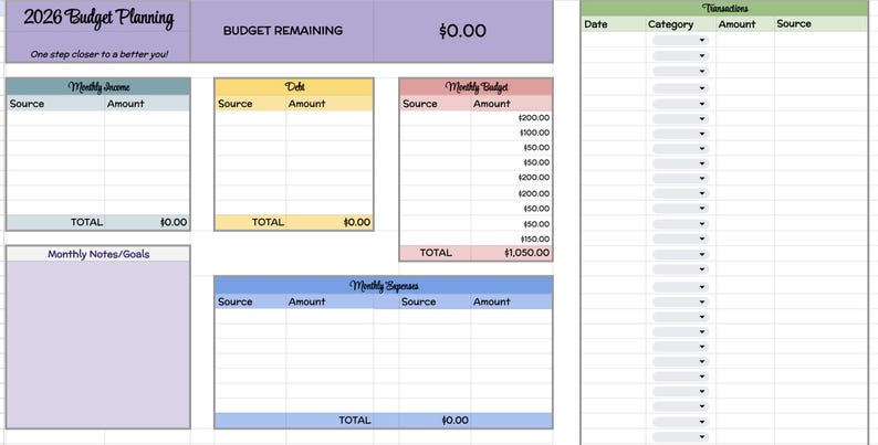 May include: A 2026 budget planning template with sections for income, debts, monthly budget, and expenses. The template includes a section for monthly notes and goals, and a transactions table. The remaining budget is &pound;0.00.