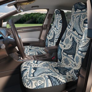 Winter Wonderland Car Seat Covers, Ice Skate & Snowflake Pattern, Vehicle Accessories, Christmas Gift, Holiday Decor, Auto Interior Decor,