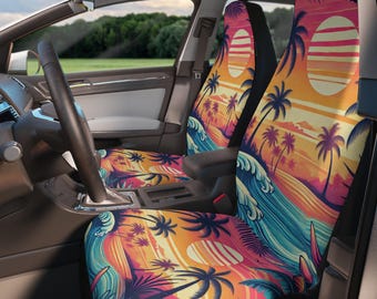 Tropical Paradise Car Seat Covers, Sunset Auto Seat Protectors, Beach Vehicle Accessories, Palm Tree Car Interior Decor, Summer Car
