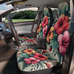 Hibiscus Car Seat Covers, Tropical Floral Vehicle Accessories, Auto Decor, Summer Car Accessories, Bright Flower Print Seat Protectors