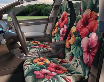Hibiscus Car Seat Covers, Tropical Floral Vehicle Accessories, Auto Decor, Summer Car Accessories, Bright Flower Print Seat Protectors