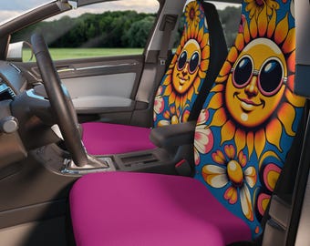 Retro Sun Face Car Seat Covers, Ochraniacze na siedzenia samochodowe z nadrukiem kwiatowym, Akcesoria samochodowe w stylu boho, Dekoracje samochodowe w stylu hippie, Prezent dla natury