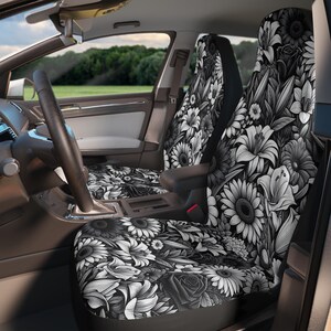 Floral Car Seat Covers, Black and White Floral Pattern, Vehicle Seat Protectors, Auto Accessories, Gift for Car Lovers, Car Decor