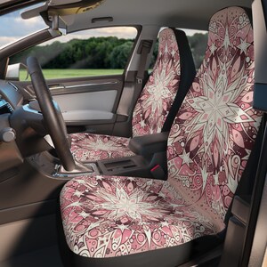 スターバーストカーシートカバー、ピンクと白のデザイン、車両アクセサリー、自動車内装装飾、車の装飾、ボヘミアンシックカーアクセサリー、
