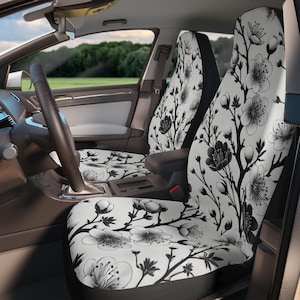 Cherry Blossom Car Seat Covers, Floral Auto Accessories, Vehicle Interior Decor, Black and White Flower Pattern Protector, Gift for Car
