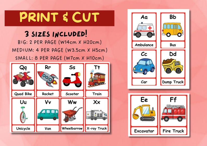 ABC Vehicle Flashcards: A-Z Printable Learning Cards (digital Download ...