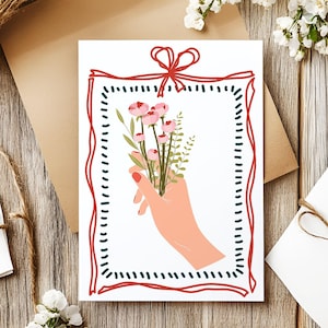 Bonita tarjeta de felicitación con coqueta y flores en la mano, tarjeta del Día de la Madre, tarjeta para hija, tarjeta de cumpleaños para una amiga, descargable.