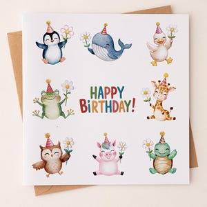 Watercolor Happy Birthday Cute Animals Cards, Happy Birthday Little Ones Digital File
