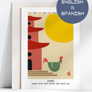 Geburtstagskarte Chinesisches Sternzeichen Jahr des Hahns - Asiatische Horoskop Karte - Spanisch und Englisch - Herunterladbar