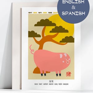 Jahr des Schweins Horoskop Zeichen Geburtstagskarte, Chinesisches Sternzeichen Grußkarte, asiatisches Sternzeichen Printable