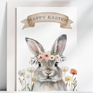 Tarjeta de Pascua con flores de acuarela para descargar al instante, linda tarjeta de conejito de Pascua para imprimir
