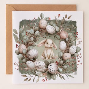 Cartão quadrado dobrado de coelho fofo, cartão de felicitações para berçário, cartão floral em aquarela para impressão, convite de coelho, cartão de Páscoa