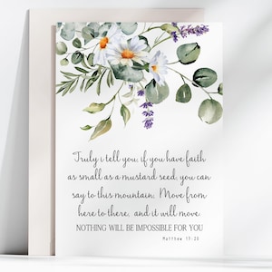 Matthew 17:20 Bijbelvers kaart, katholieke inspirerende afdrukbare wenskaart, schriftkunst direct downloaden