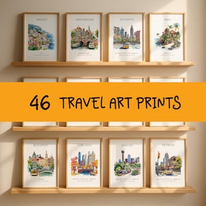 Set of 46 Travel Art Print, Watercolor Travel Prints Bundle, City Poster Set, Bedroom Wall Art Decor, Cities Collection Digital Files