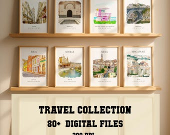 80+ Travel Art Print, Watercolor Travel Prints Bundle, City Poster Set, Bedroom Wall Art Decor, Cities Collection Digital Files