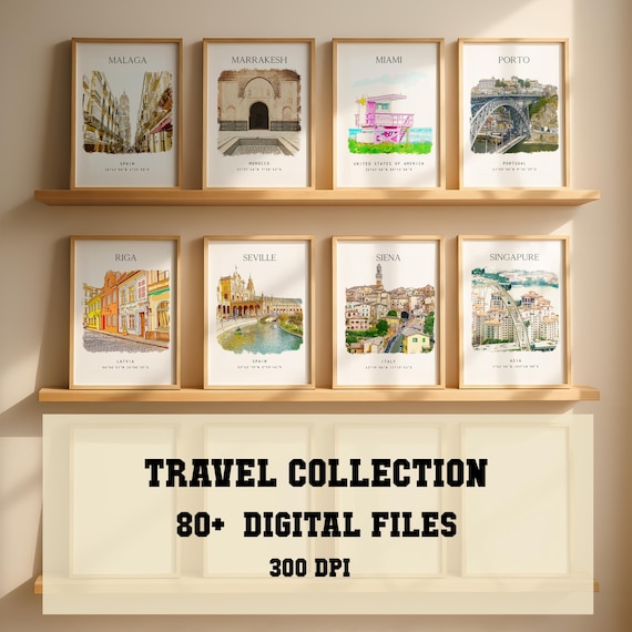 80+ Travel Art Print, Watercolor Travel Prints Bundle, City Poster Set, Bedroom Wall Art Decor, Cities Collection Digital Files