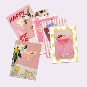 Set van 6 roze cocktailverjaardagskaarten, blanco verjaardagskaart, La Dolce Vita-print, Dolce Far Niente, afdrukbare kaart Celebration