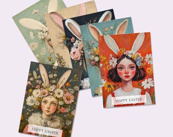 HAPPY EASTER Set of 6 Printable Cards, Cute Girls with Rabbit Ears, Instant Download