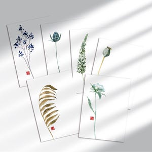 Juego de 6 tarjetas de felicitación botánicas minimalistas, tarjeta de cumpleaños floral de acuarela, tarjetas de felicitación de estilo japonés para ella