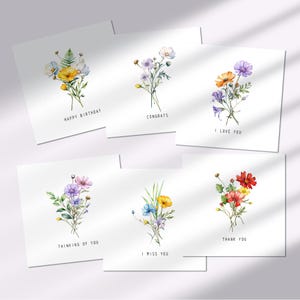 Lot de 6 cartes de voeux aquarelle bouquet de fleurs, je t'aime, tu me manques, merci, félicitations, je pense à vous, joyeux anniversaire à télécharger