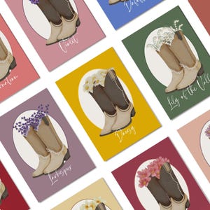 Bottines de cowboy, fleurs du mois de naissance, 12 cartes de voeux imprimables - TÉLÉCHARGEMENT IMMÉDIAT