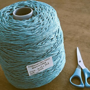 May include: A teal blue ball of cord, labeled "CORDONCINO THAY MISTOLUREX COL. 343 GR. 500", with a pair of scissors and a crochet hook.