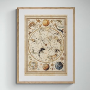 Himmlische Karte - Vintage antike Sternenkarte, einzigartige Astronomie-Wandkunst für Wohnkultur, Sternzeichen-Druck, himmlische Kunst