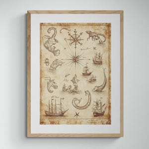 Nautical Vintage Map – Old World Ocean Chart Wall Art for Home & Office Decor, Maritime Gift Idea