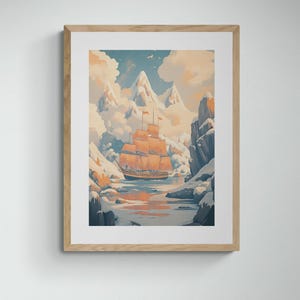 Illustration du navire Roald Amundsen Arctic - affiche de voyage vintage, eaux glacées et montagnes enneigées, impression d'art mural aventure