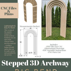 Puede incluir: Un arco 3D escalonado con un ensamblaje de 3 piezas sin respaldo. El diseño presenta una estructura en niveles con una altura de 228,6 cm, un ancho de 121,9 cm, una profundidad de base de 60,3 cm y un grosor de 7,6 cm. Incluye archivos CNC y planos.