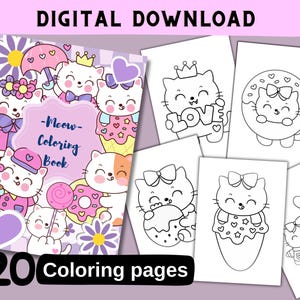 Kawaii Cats Coloring Book PDF – 20 Printable Pages for Kids & Adults, Cute Kitten Line Art, A4 Instant Download