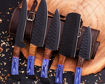 Personalized Damascus Steel Chef Knife Set: Handmade Kitchen Knives, Wood Handle