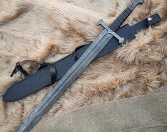 Handmade Damascus Steel Viking Sword with Leather Sheath