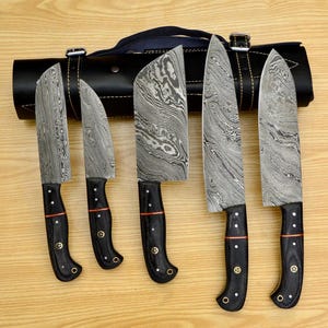 Personalised Damascus Steel Chef Set, Damascus Steel Chef Knifw Set For Christmas Gift, Damascus Handmade Kitchen Set For Halloween Gift.