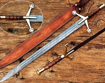 Hand Forged Damascus Steel Claymore Sword with Leather Sheath