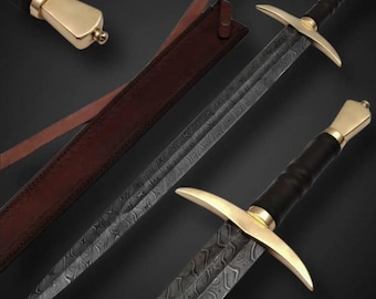 Handmade Damascus Steel Viking Sword with Leather Sheath