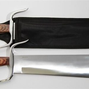 May include: A set of two silver-coloured martial arts swords with wooden handles. The swords are in a black sheath with a zipper.