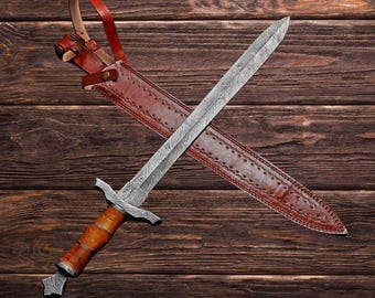 Handmade Damascus Steel Viking Sword: Rosewood Handle, Leather Sheath
