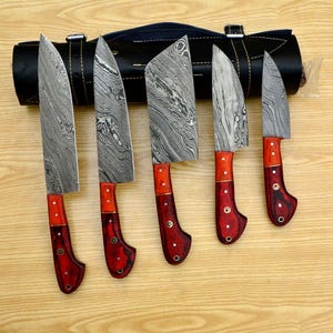 Personalised Damascus Steel Chef Set, Damascus Steel Chef Knifw Set For Christmas Gift, Damascus Handmade Kitchen Set For Halloween Gift.