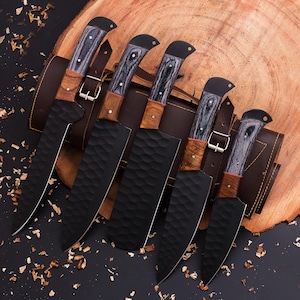 Personalised Damascus Steel Chef Set, Damascus Steel Chef Knifw Set For Christmas Gift, Damascus Handmade Kitchen Set For Halloween Gift.