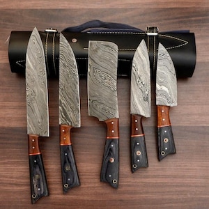 Personalised Damascus Steel Chef Set, Damascus Steel Chef Knifw Set For Christmas Gift, Damascus Handmade Kitchen Set For Halloween Gift.