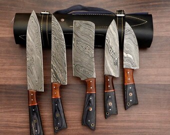 Personalized Damascus Steel Chef Knife Set: Handmade Kitchen Knives, Wood Handle