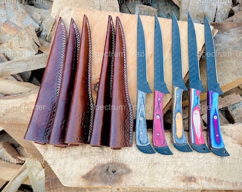 Ensemble de couteaux à fileter faits main en acier damas avec revêtement en cuir