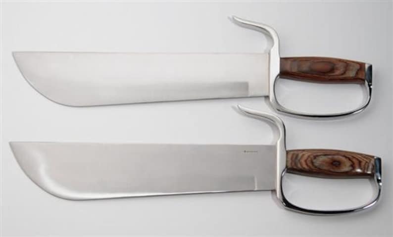 May include: Two silver-coloured double-edged swords with wooden handles. The handles have a brown and black wood grain pattern.