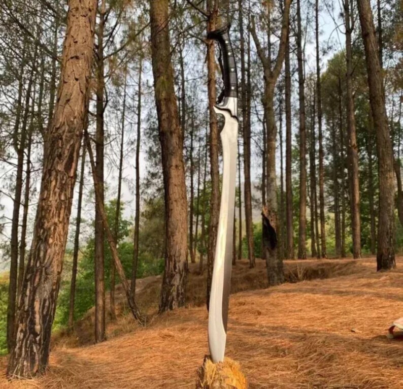 May include: A silver sword with a black handle is standing upright in a forest setting. The sword is propped up on a tree stump. The background is a forest with tall trees.
