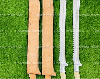 Handmade 1085 Steel Machete Knife Pair, Camel Bone Handle, Leather Sheath