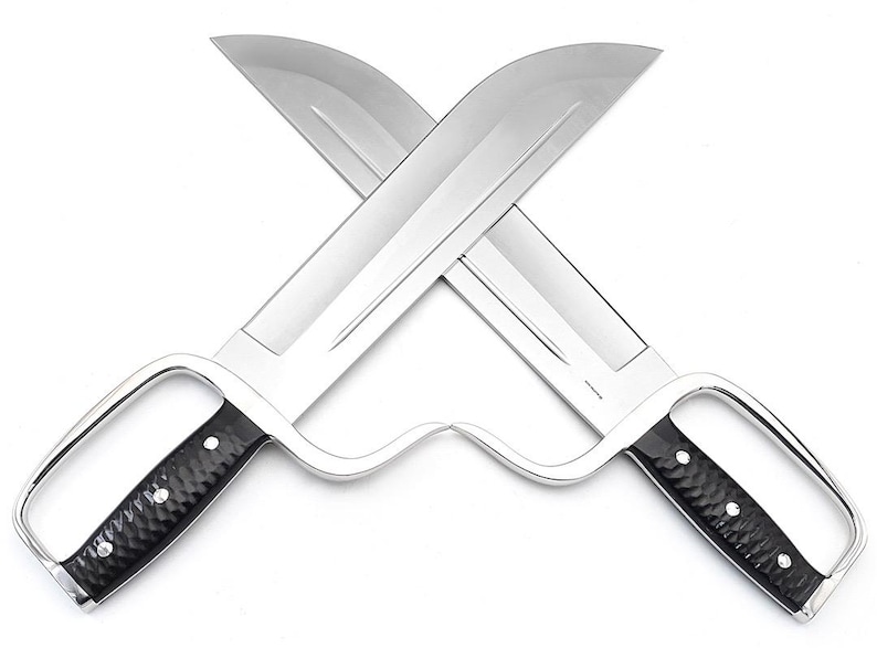 May include: A pair of silver-coloured, double-edged swords with black handles. The swords are crossed in an 'X' shape.